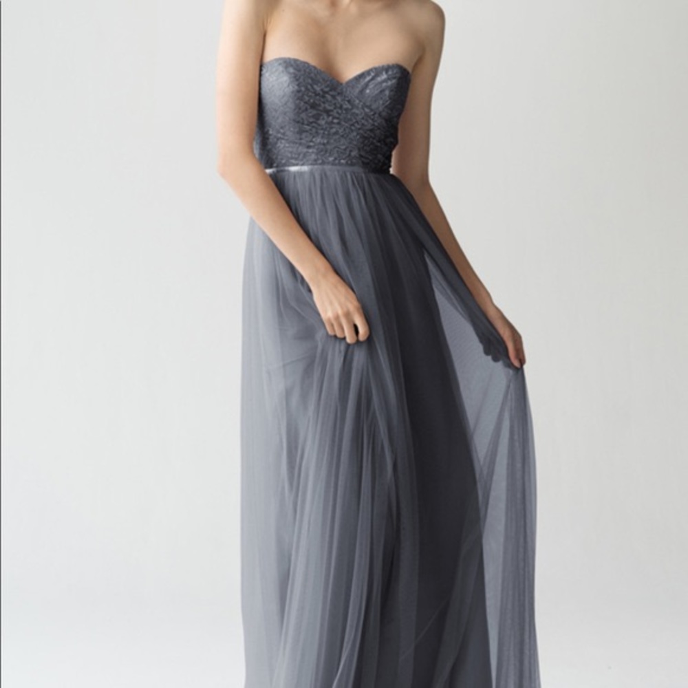Jenny Yoo Lace Strapless Tulle Maxi Bridesmaid Formal Dress Size 10 Pewter Gray